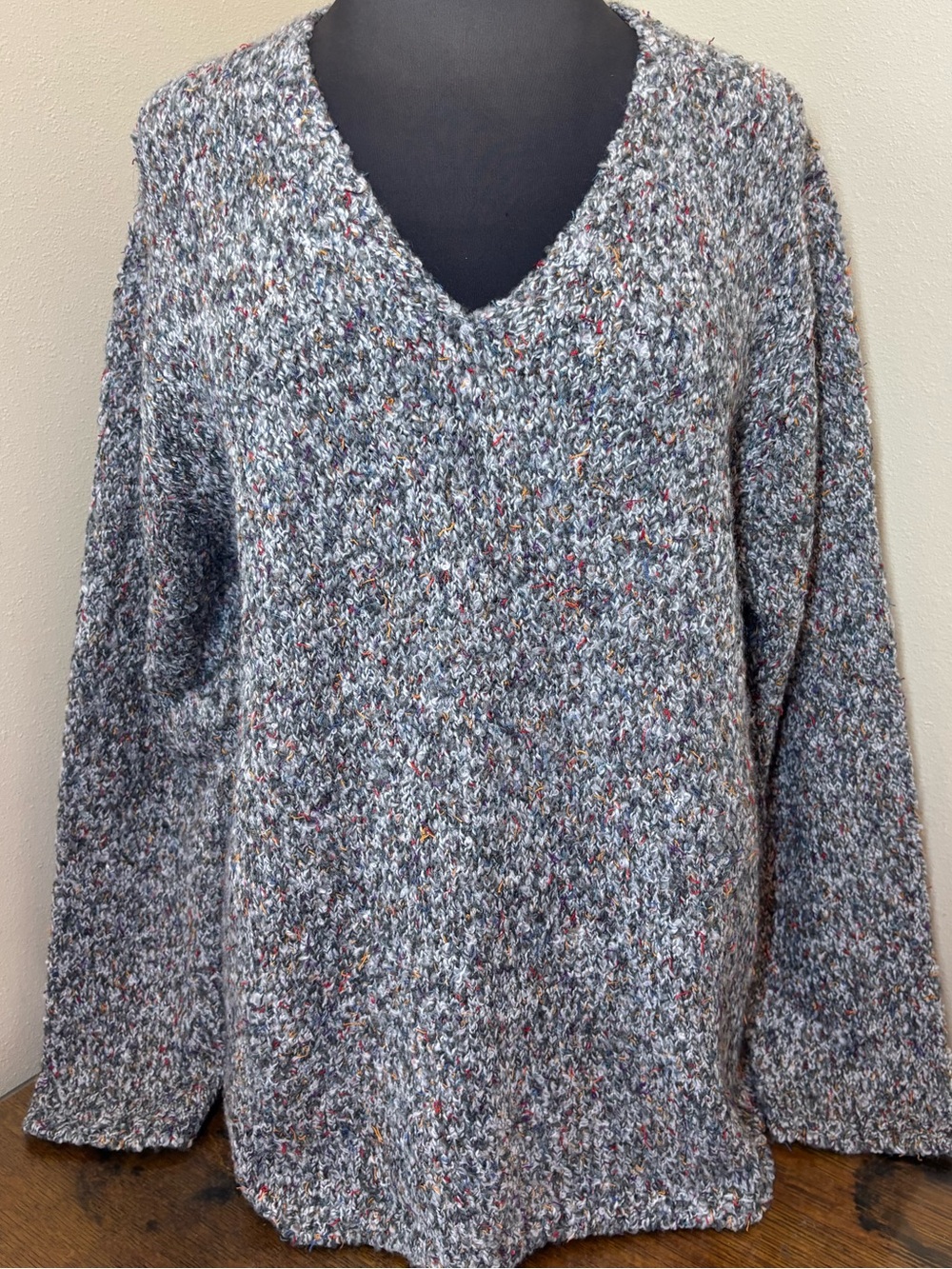 Coldwater Creek Cozy V-Neck Speckled Knit Sweater - Gray, oversized, XL